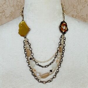 Chico's Stones Beaded Necklace Multi Strand Silver Tone Multi Media Chains 20"+4